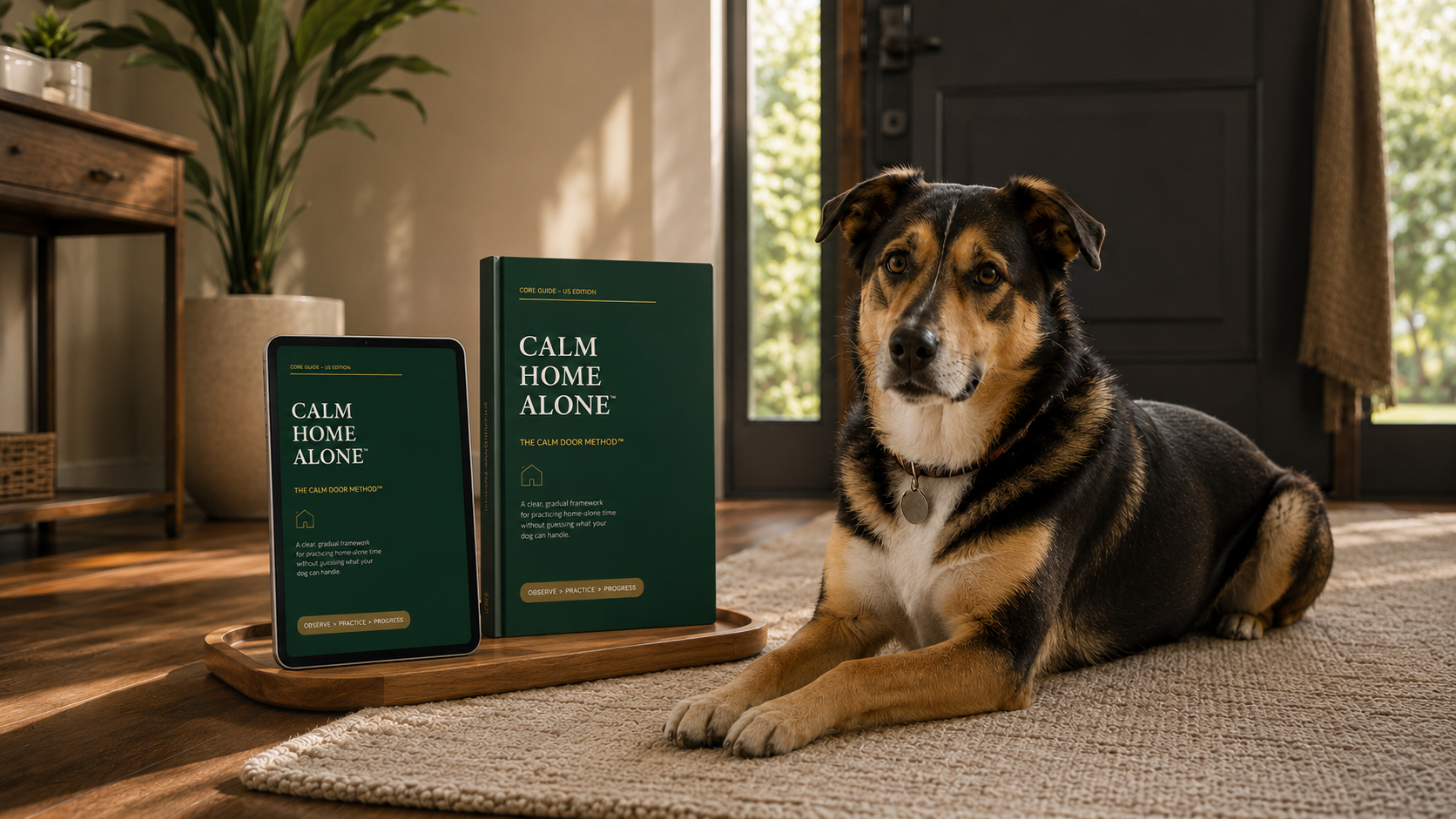 Calm dog resting near a front door with the CALM HOME ALONE guide