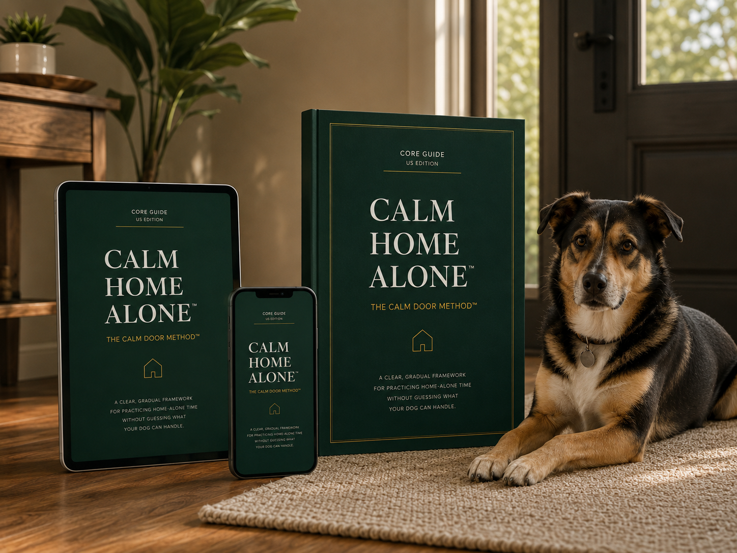 CALM HOME ALONE core guide on book, tablet and phone